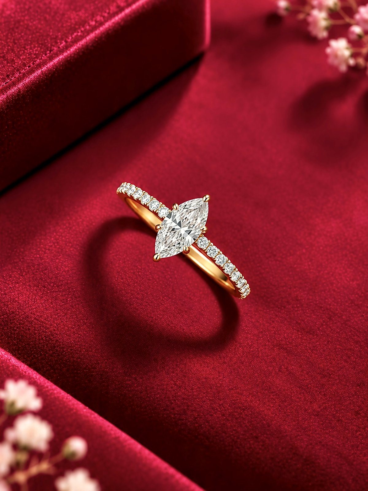 Bague dorée à pierre taille marquise et anneau pavé, posée sur velours bordeaux
